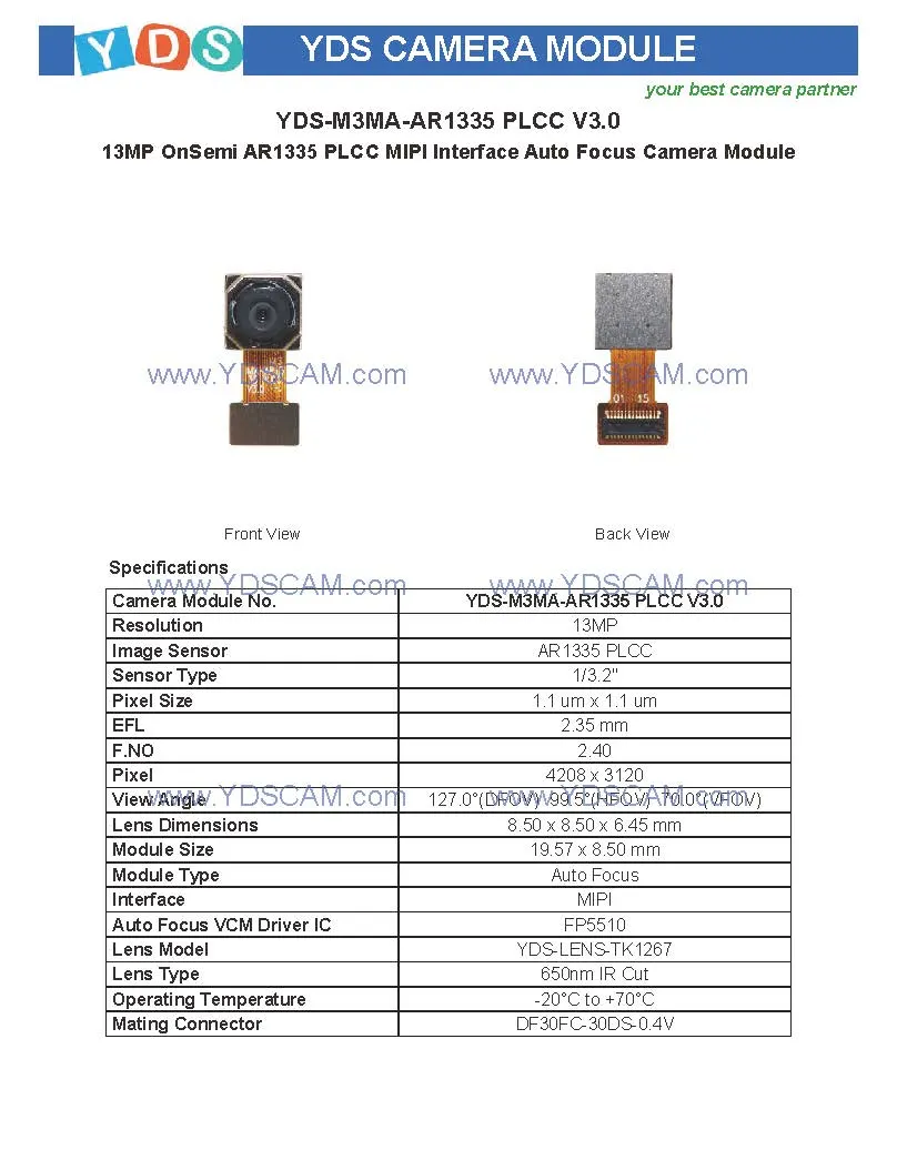 Yds-M3ma-Ar1335 Plcc V3.0 13MP Ar1335 Plcc Mipi Interface Auto Focus Camera Module