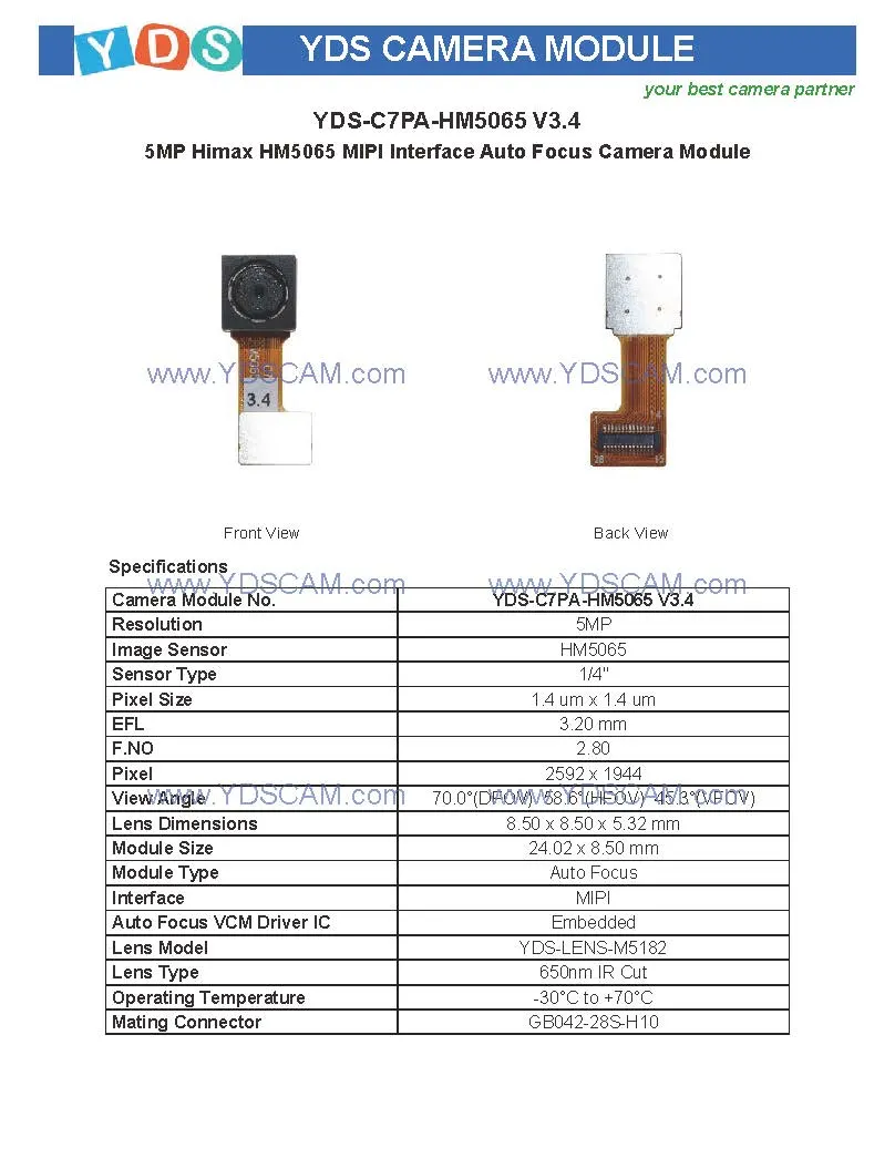 Yds-C7PA-Hm5065 V3.4 5MP Hm5065 Mipi Interface Auto Focus Camera Module
