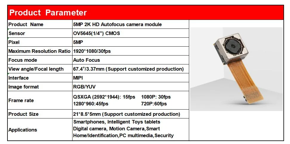 CMOS Ov5645 5MP HD Wide Angle Mipi Auto Focus 2K FPC Camera Module Medical Scan Code Camera