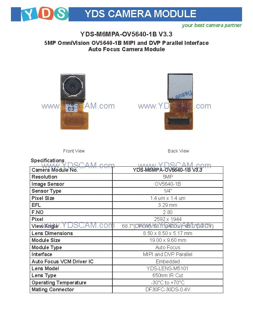 Yds-M6MPa-Ov5640-1b V3.3 5MP Ov5640-1b Mipi and Dvp Parallel Interface Auto Focus Camera Module