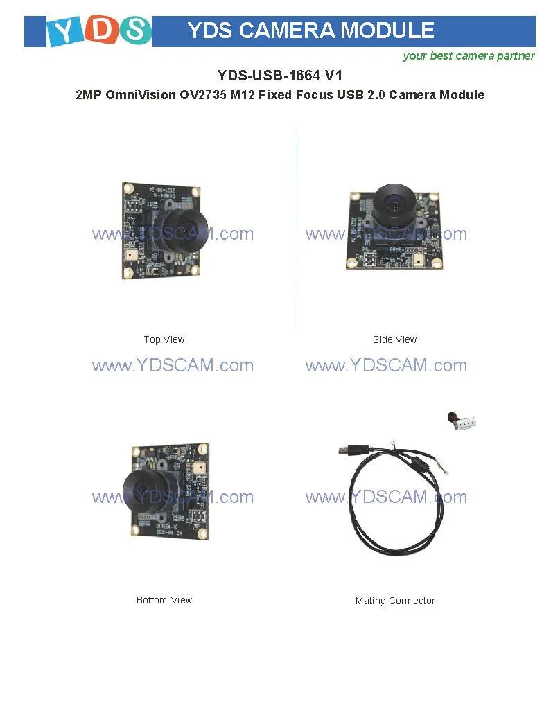 Yds-USB-1664 V1 2MP 1664 Ov2735 M12 Fixed Focus USB 2.0 Camera Module