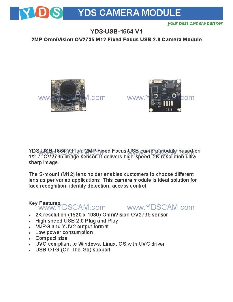 Yds-USB-1664 V1 2MP 1664 Ov2735 M12 Fixed Focus USB 2.0 Camera Module