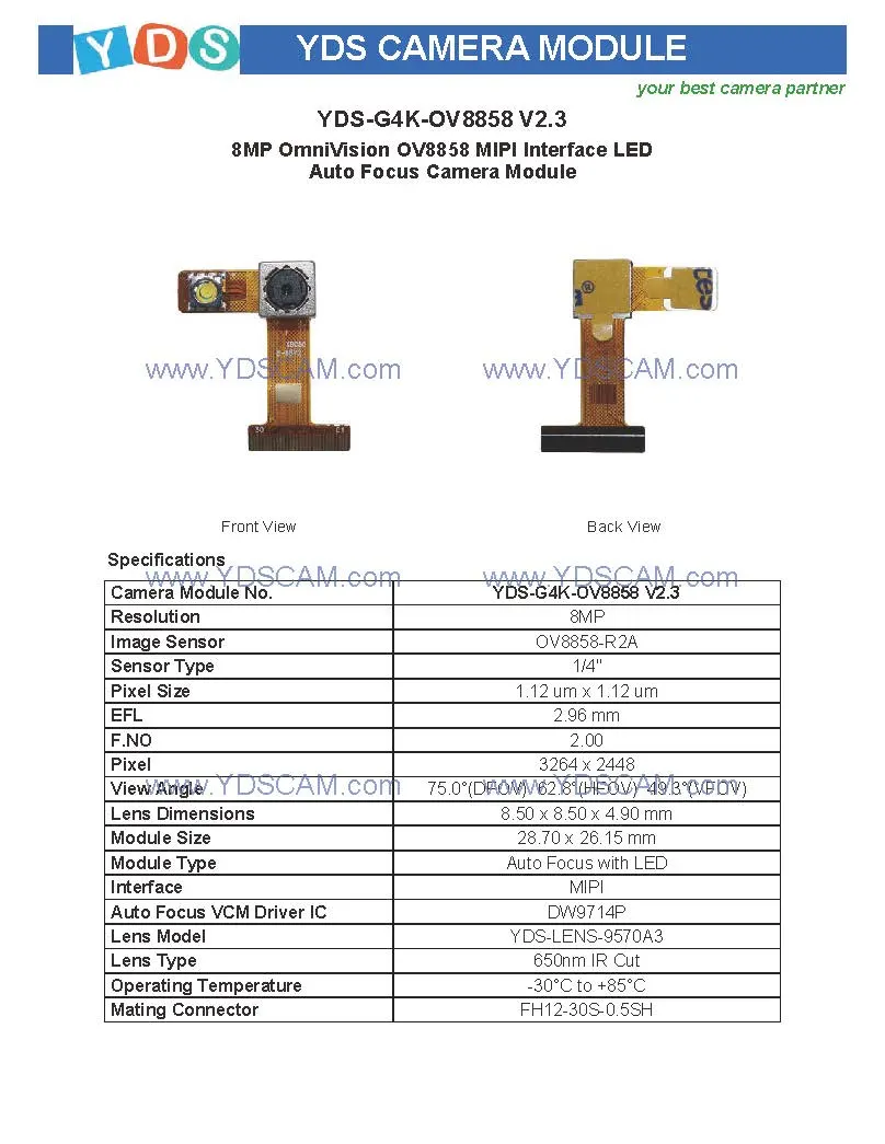 Yds-G4K-Ov8858 V2.3 8MP Ov8858 Mipi Interface LED Auto Focus Camera Module