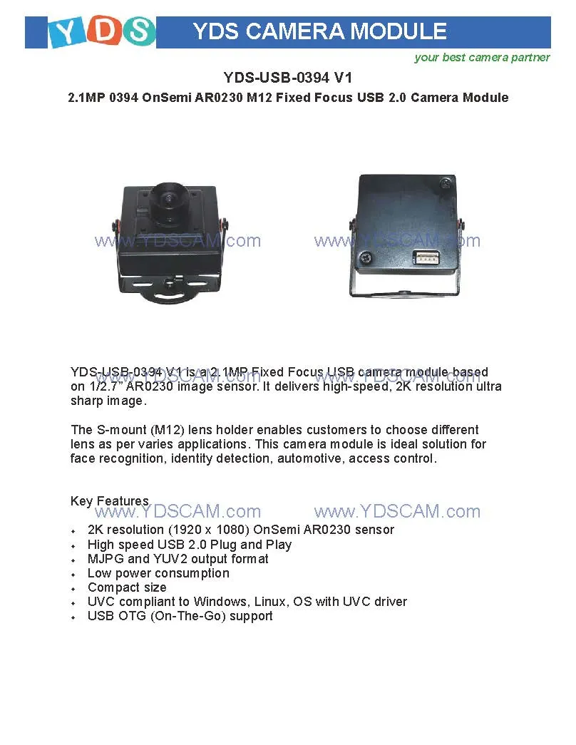 Yds-USB-0394 V1 2.1MP 0394 Ar0230 M12 Fixed Focus USB 2.0 Camera Module