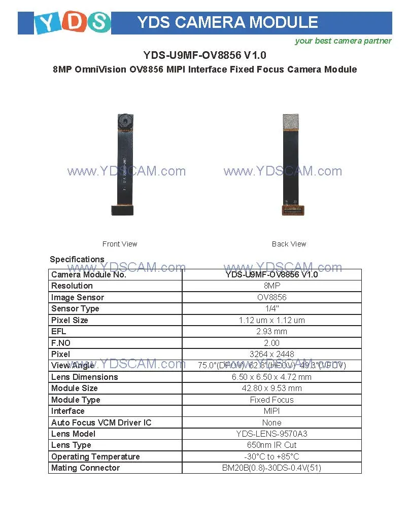 Yds-U9mf-Ov8856 V1.0 8MP Ov8856 Mipi Interface Fixed Focus Camera Module
