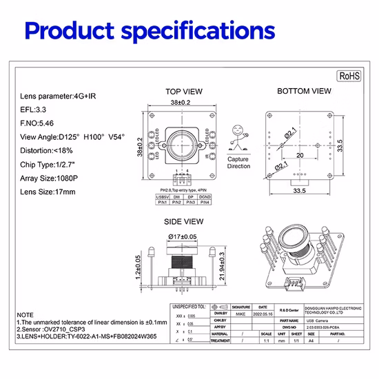 2MP Day & Night Switchable Build-in IR LED Lights USB2.0 Camera Module Compatible with Android Linux Windows PC